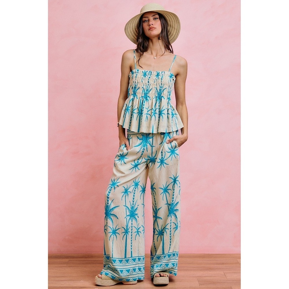 SO ME Palm Tree Smocked Bodice Adjustable Cami Top - Blue - Medium - Picture 7 of 16